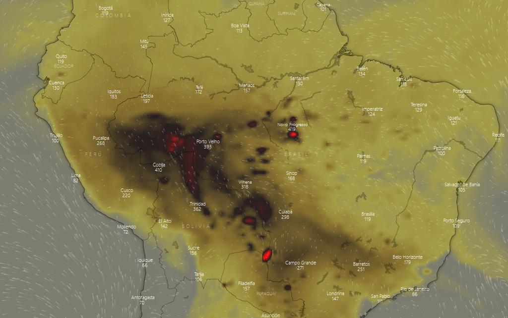 Este mapa muestra la concentración de CO2 en parte del continente. (WINDY.COM)