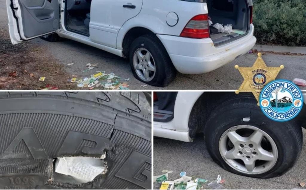 En las fotos publicadas por los Servicios de Policía de Mission Viejo puede apreciarse una gasa colocada dentro de un agujero en el neumático y alrededor un equipo de primeros auxilios tirado en la calle. (ESPECIAL)
