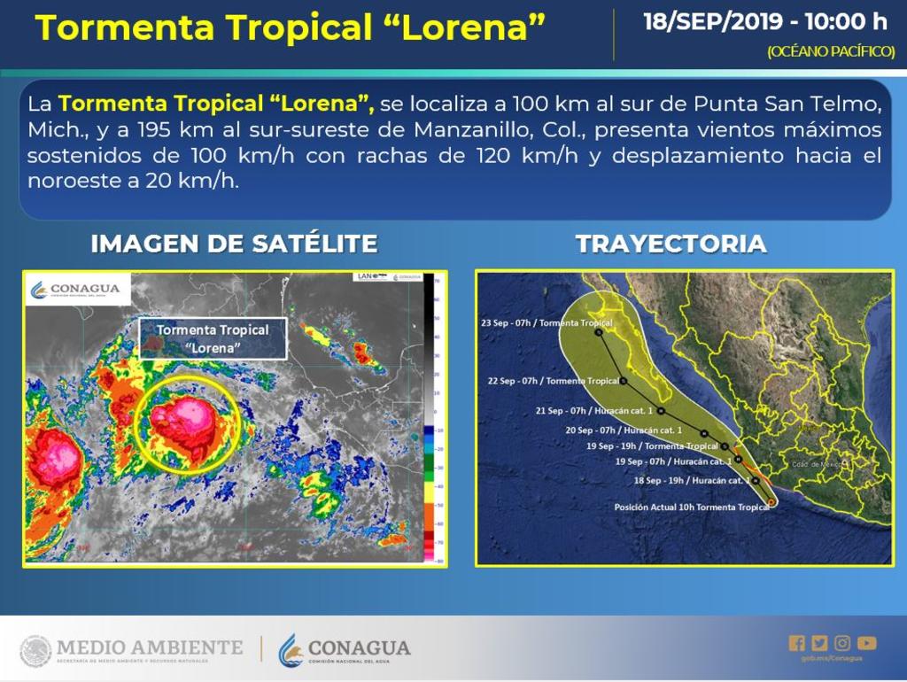  La Coordinación Nacional de Protección Civil activó la Alerta Naranja para Michoacán, Guerrero, Jalisco y Colima, debido a la proximidad de la tormenta tropical Lorena, lo que provocará lluvias puntuales torrenciales en esos estados. (TWITTER)