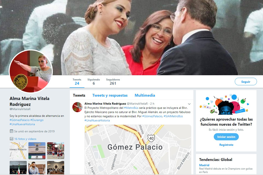 Aseguran que la alcaldesa de Gómez Palacio, Marina Vitela, no tiene cuenta de Twitter. (CORTESÍA)