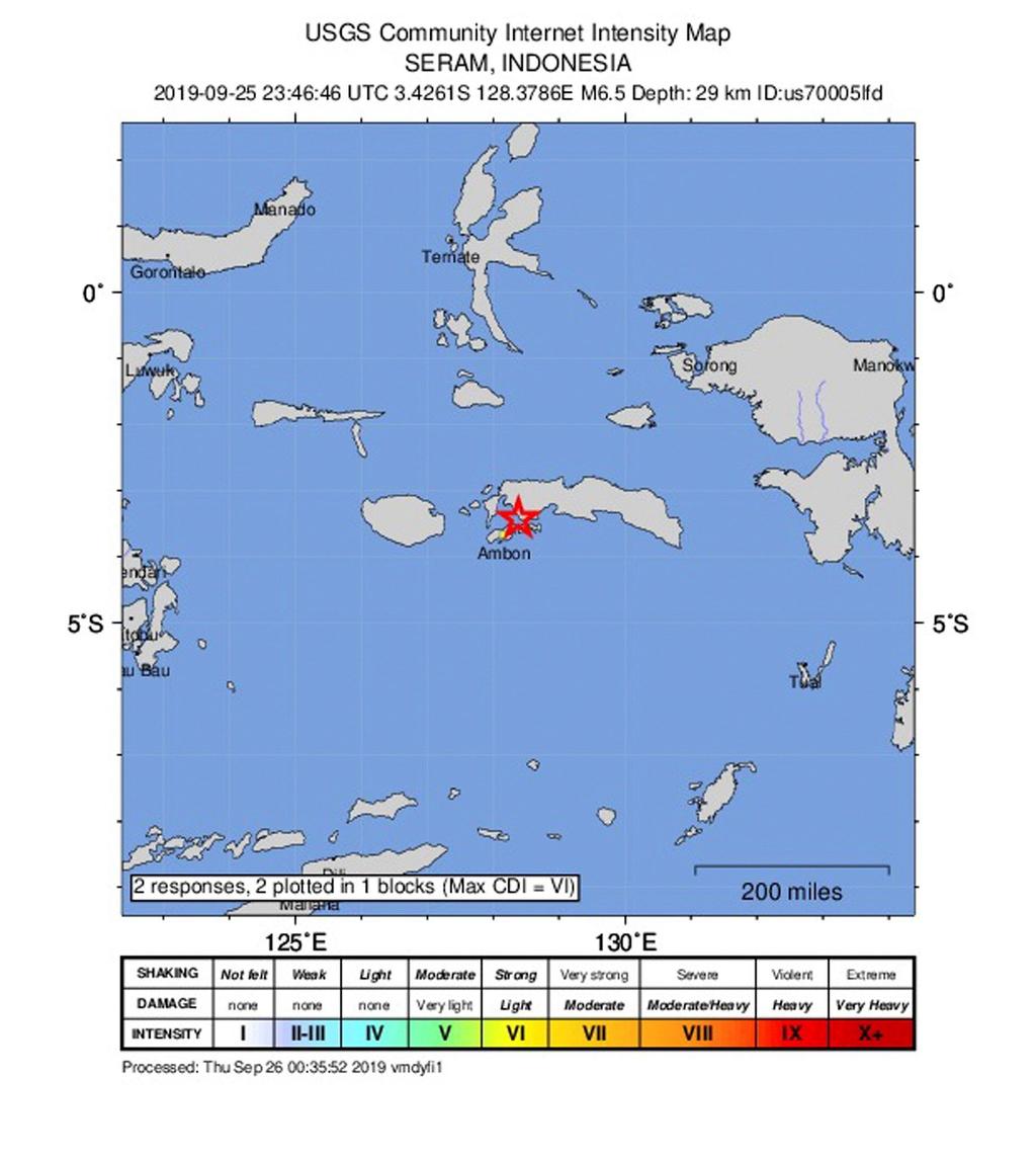 El Servicio Geológico de Estados Unidos informó que el epicentro del temblor se ubicó en tierra firme a 37 kilómetros al noreste de Ambon, la capital de la provincia de Maluku.