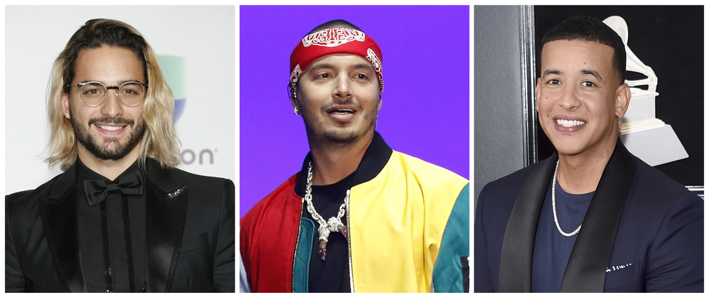 Molestos. Maluma, J. Balvin y Daddy Yankee, por el poco apoyo al reguetón en las nominaciones. (AP) 
