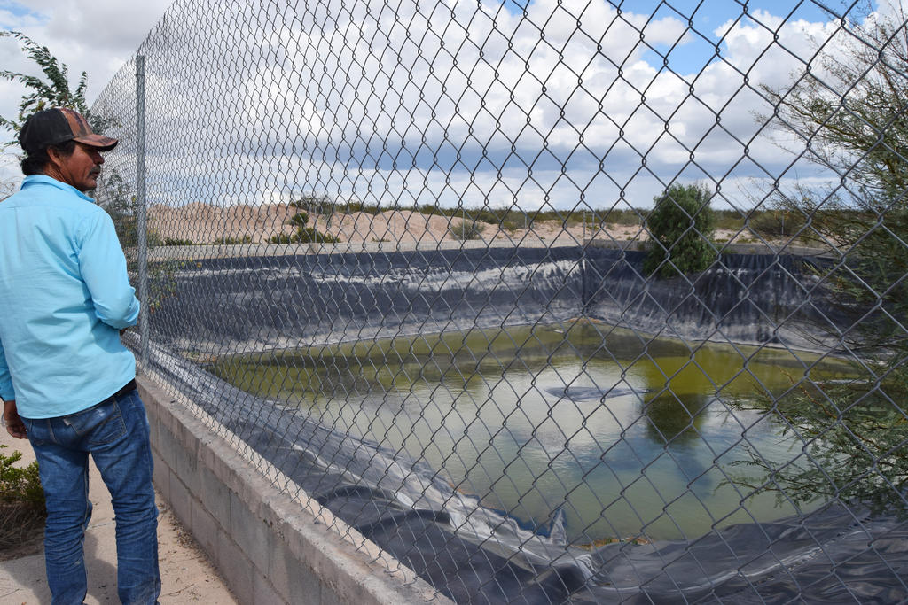 El estanque construido para almacenar el agua de lluvia y que surte al ejido está a punto de secarse. (EDITH GONZÁLEZ)