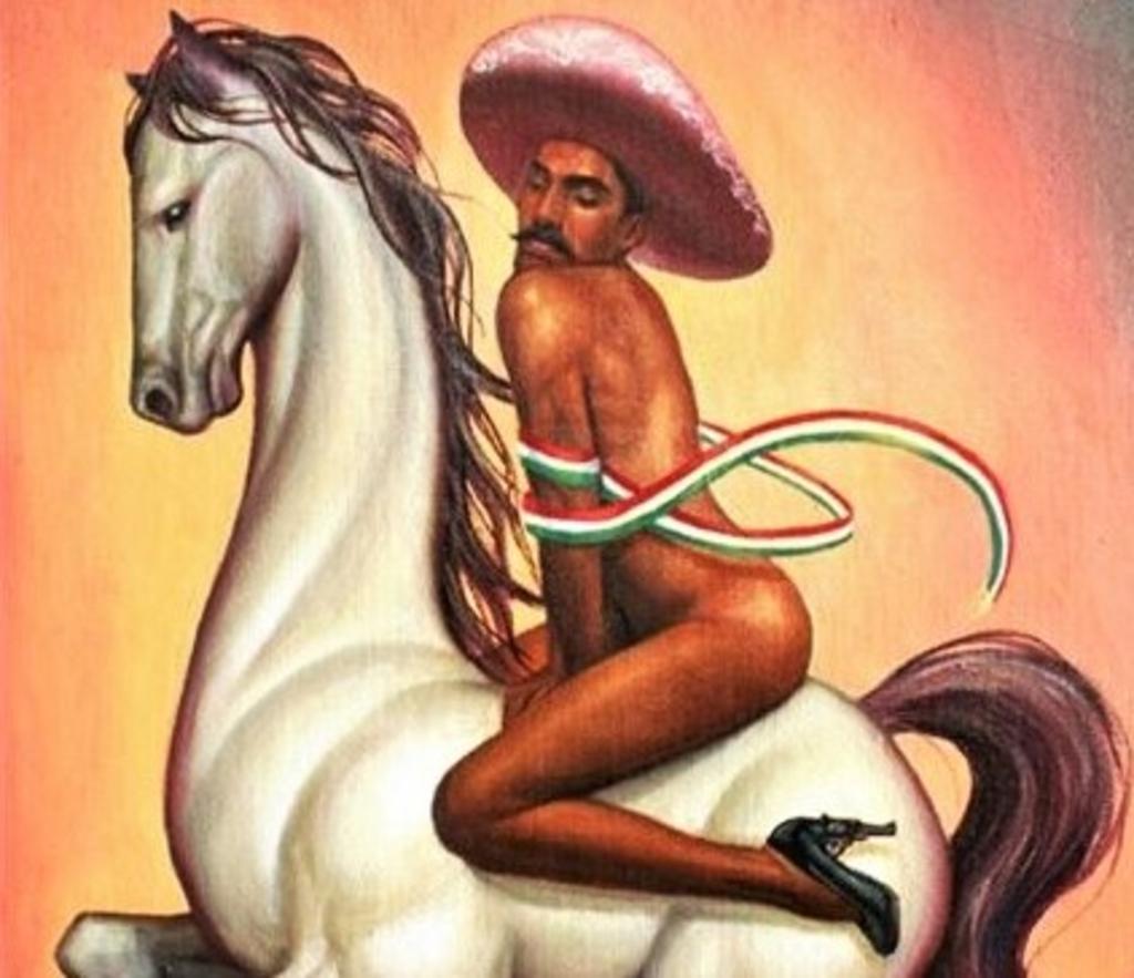 En el cartel promocional de la exposición aparece la pintura de Fabián Cháirez. (Chiapas, México, 1987) en la que se ve al líder de la Revolución Mexicana con tacones y encima de un caballo blanco. (ESPECIAL)