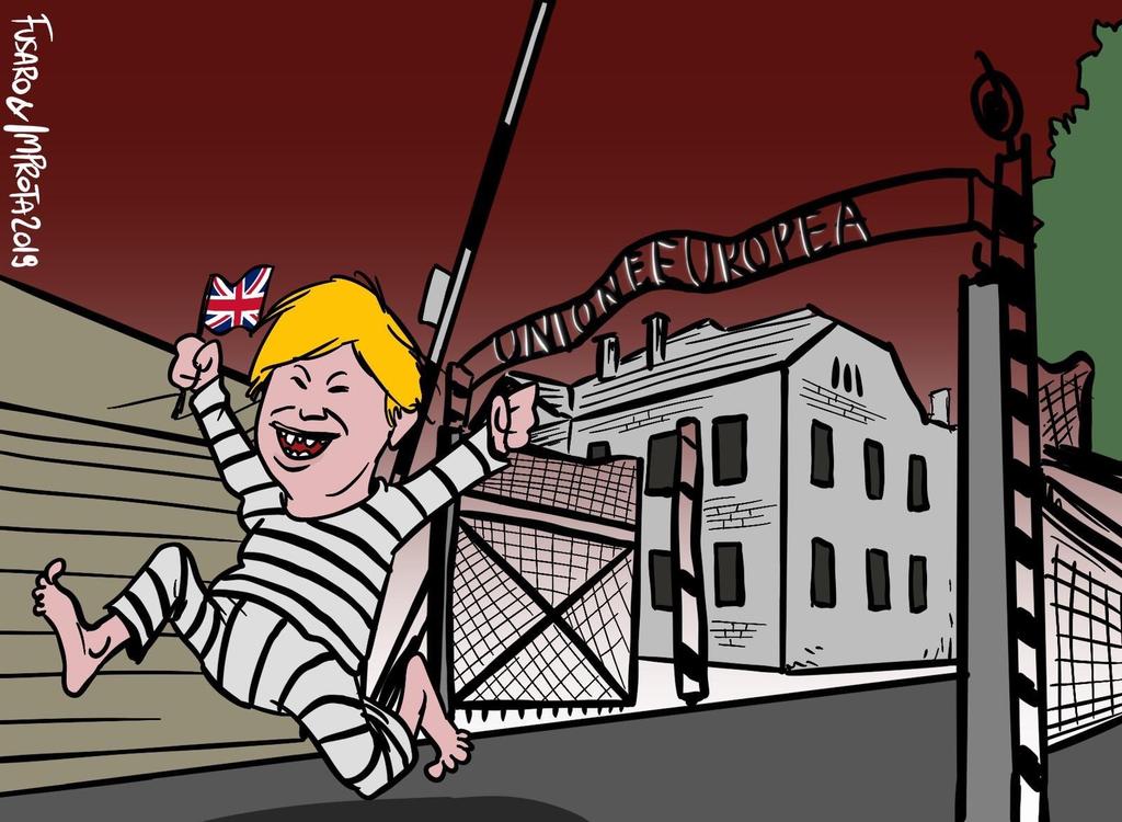 Un caricaturista italiano ha provocado controversia al representar a la Unión Europea como el campo de exterminio nazi de Auschwitz y al primer ministro británico Boris Johnson como un prisionero que escapa. (TWITTER) 
