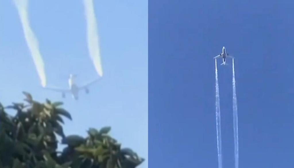 Las imágenes difundidas por televisiones locales muestran al avión volando bajo y arrojando chorros de combustible que cayeron en escuelas de la localidad de Cudahy, en el sureste del Condado de Los Ángeles. (ESPECIAL)