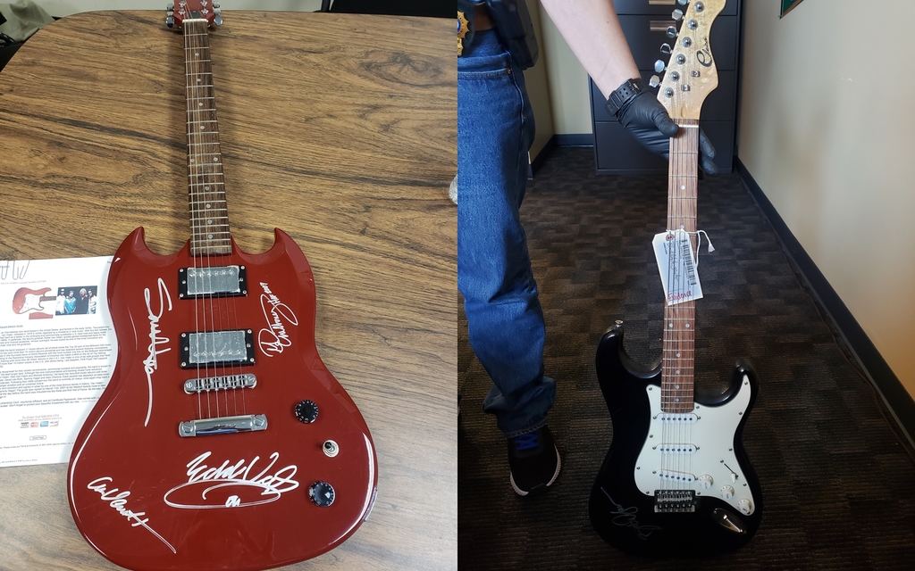 De gran valor. Policía recupera guitarras robadas que estaban firmadas por los músicos Van Halen y Bob Dylan. (ESPECIAL) 
