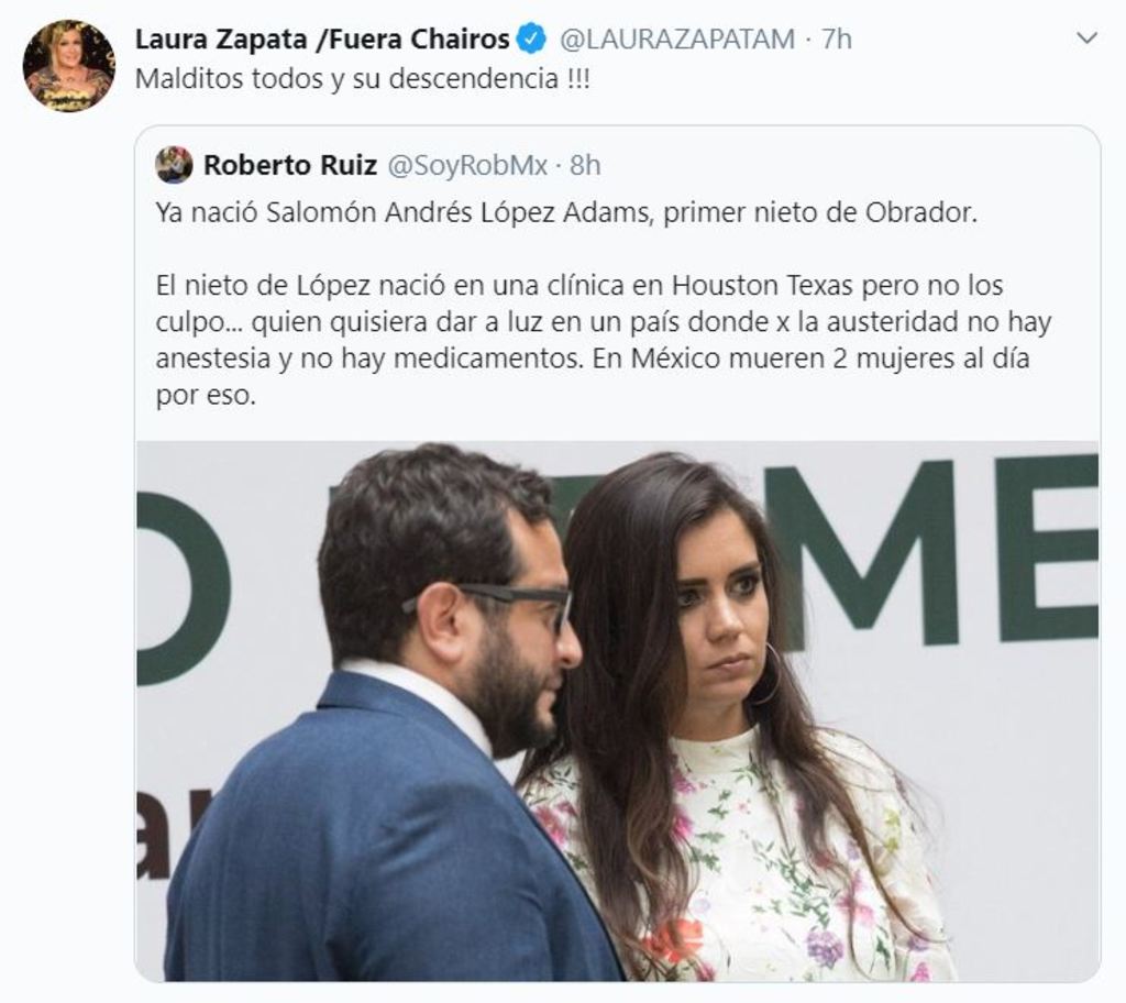 En redes. La actriz Laura Zapata maldice a la familia de López Obrador por el nacimiento de su primer nieto. (ESPECIAL) 