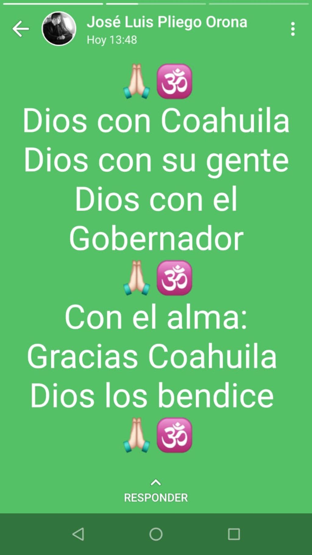 Agradece José Luis Pliego Corona, a Coahuila por WhatsApp