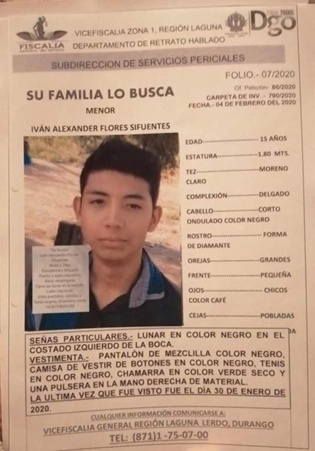 Iván Alexander Flores Sifuentes, de 15 años quien fue visto por última vez el 3 de enero del presente año. (EL SIGLO DE TORREÓN)