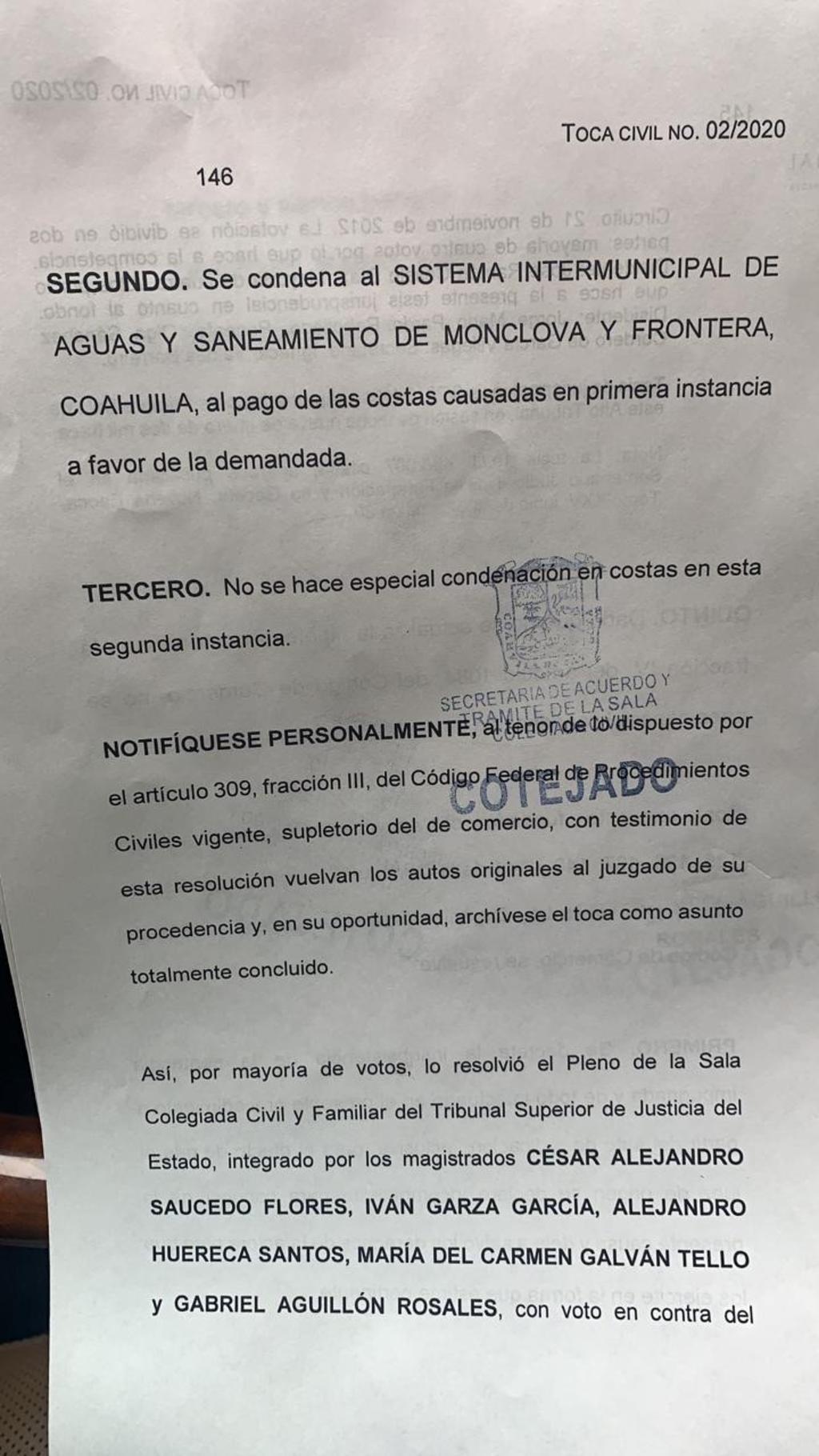 La dependencia sostuvo un juicio ordinario mercantil contra Agua Santa María en el juzgado Primero de lo Civil de la Ciudad de Monclova, bajo el número el expediente 219/2018.