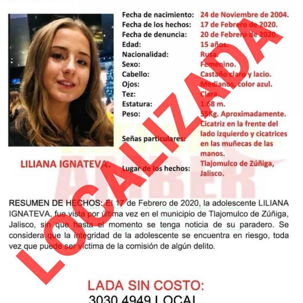 La Fiscalía General del Estado de Jalisco informó que ya fue localizada la adolescente Liliana Ignateva, de 15 años de edad, quien fue vista por última vez el 17 de febrero en el municipio de Tlajomulco. (ESPECIAL)