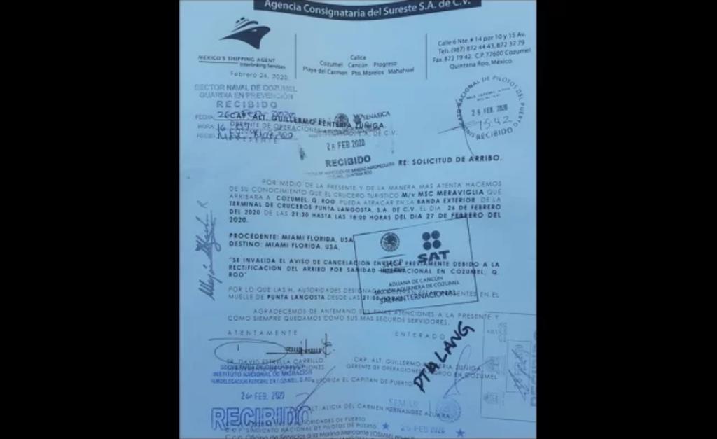 El escrito indica que el barco puede atracar en la banda exterior de la terminal de cruceros desde 'el 24 de febrero del 2020, de las 21:30 horas, hasta las 18:00 horas del día 27 de febrero del 2020'. (ESPECIAL)