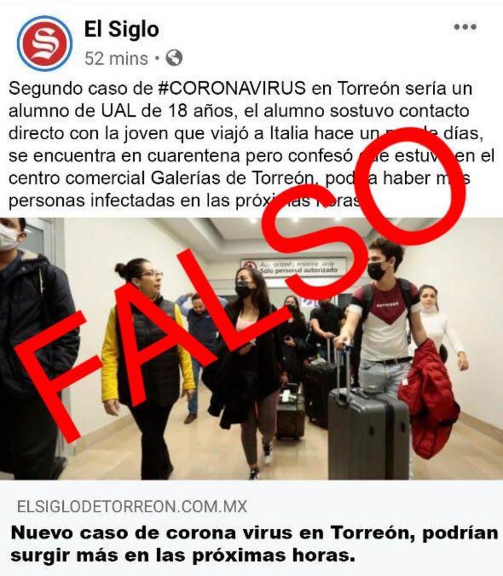 Circula en redes sociales una falsa noticia sobre coronavirus presuntamente publicada por El Siglo de Torreón, lo cual es incorrecto. (ESPECIAL)