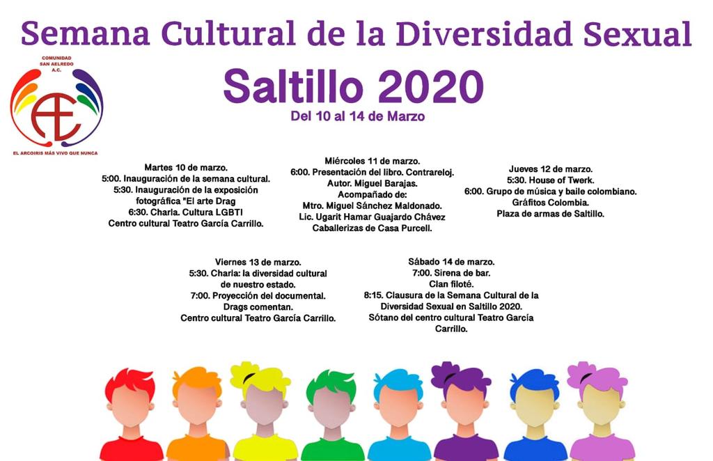 El programa de la Semana Cultural de la Diversidad Sexual en Saltillo 2020, consistirá en varias actividades y será dirigida a la sociedad en general. 