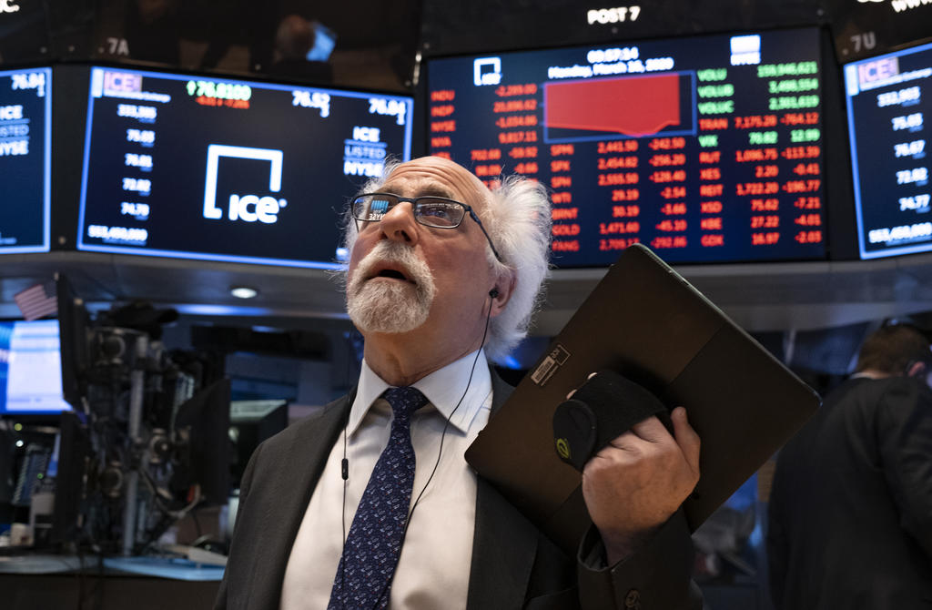 El Dow Jones perdió 2,999.07 puntos, situándose en unos 20,186.55 enteros. (AP)