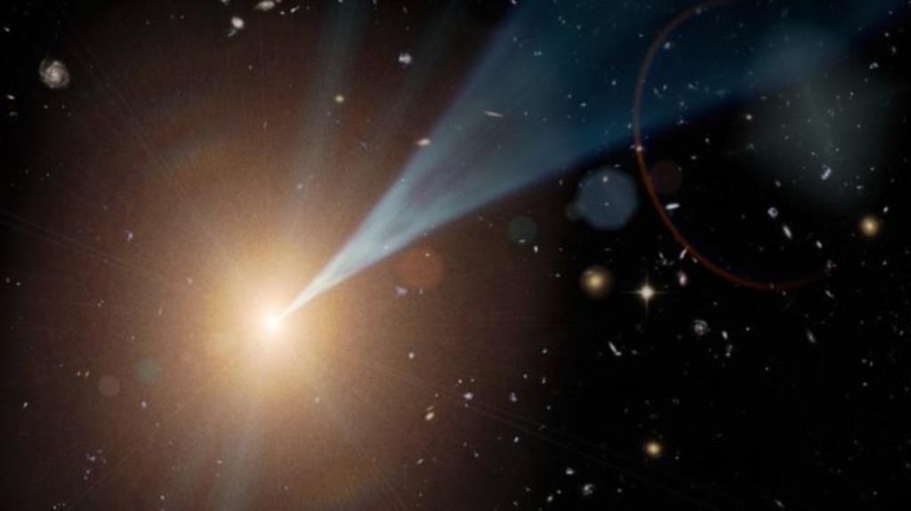 Un equipo internacional de científicos detectó de forma inequívoca un blázar, que es un tipo particular de núcleo activo de galaxia con un agujero negro supermasivo central y que está formado por la fusión de dos galaxias. (ARCHIVO) 