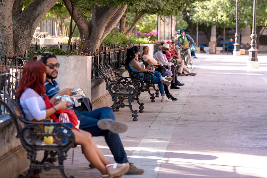 Adultos mayores se resisten a retirarse de la Plaza de Armas de Torreón, diariamente se aglomeran en las bancas del espacio, sin utilizar cubrebocas y hasta compartiendo alimentos de los puestos ambulantes.