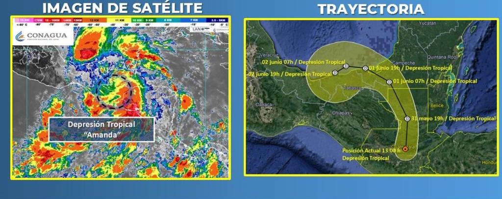 Amanda se degradó este domingo a depresión tropical en tierra sobre Guatemala y mantiene una trayectoria hacia el oriente y sureste de México donde dejará lluvias torrenciales, informó el Servicio Meteorológico Nacional (SMN) mexicano. (TWITTER)