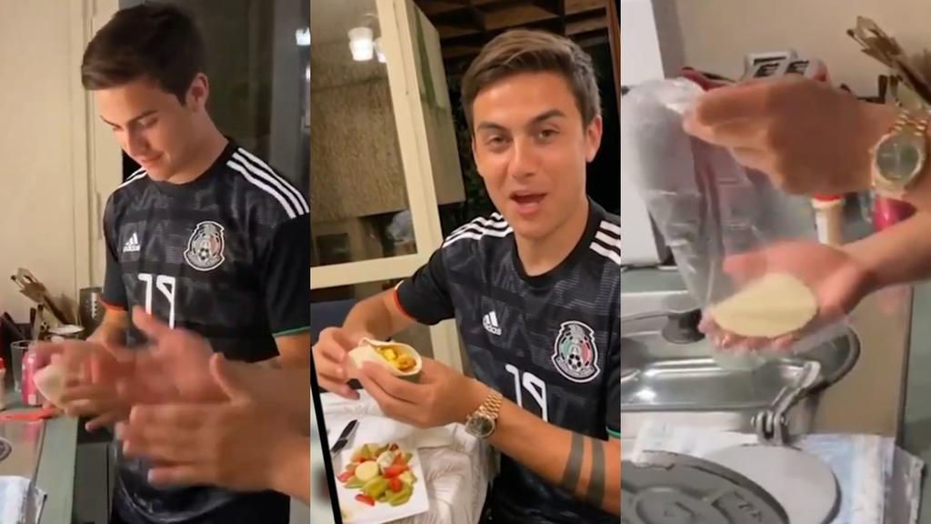 El delantero argentino de la Juventus, Paulo Dybala, sorprendió en sus redes sociales a los mexicanos, al subir un video mientras preparaba tacos; también presumió su playera de la Selección Mexicana. (ESPECIAL)