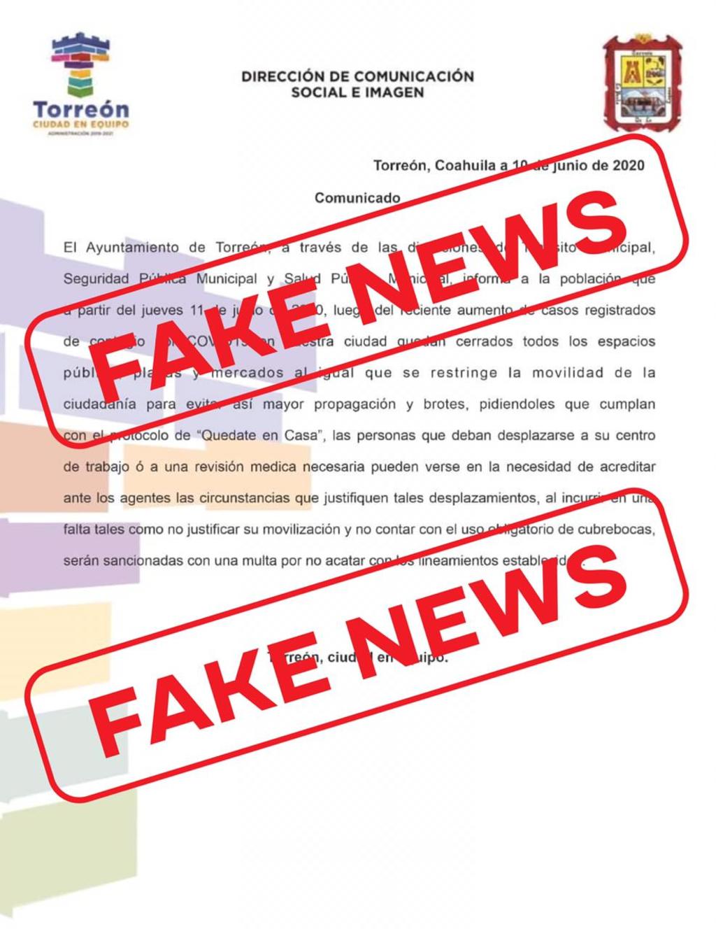 En redes sociales circuló un supuesto boletín de prensa con logotipos del Ayuntamiento de Torreón que contenía información falsa. (ESPECIAL)