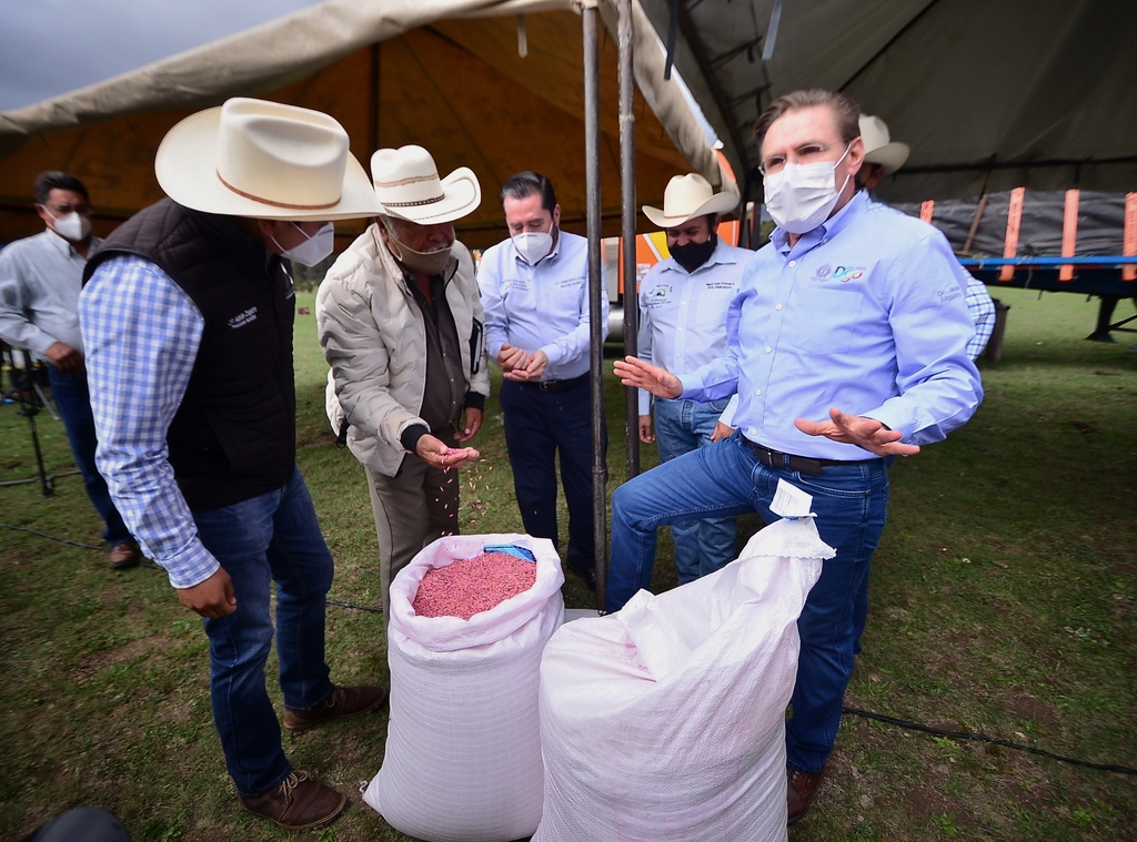 El gobernador Aispuro Torres entregó a más de 350 productores agropecuarios los primeros bultos de semilla de avena forrajera. (CORTESÍA) 