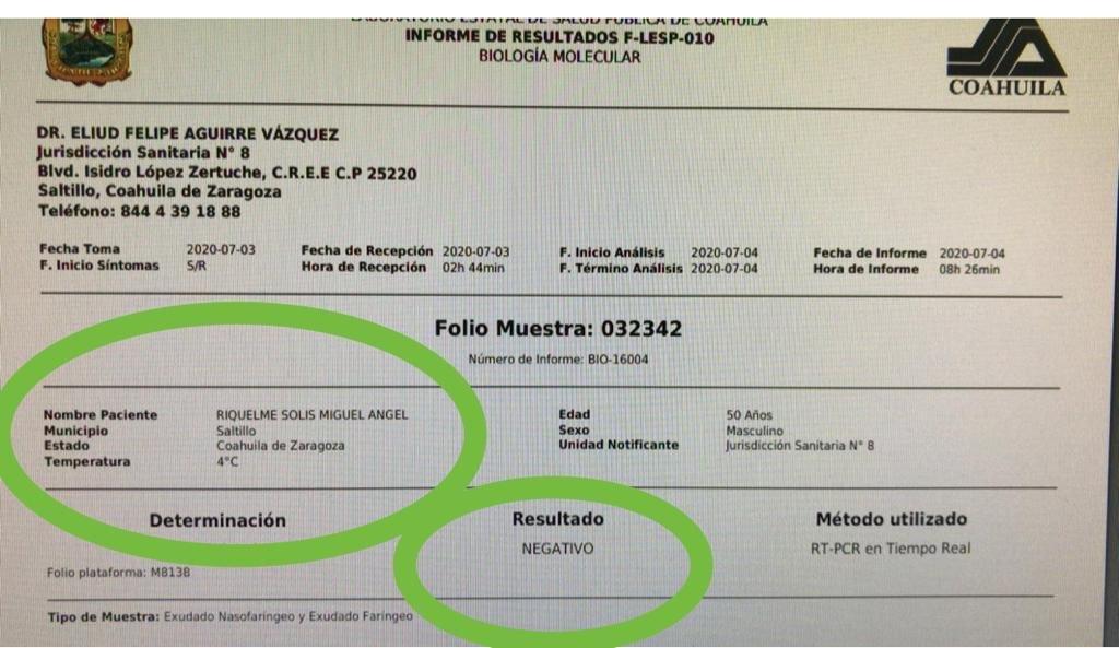 El gobernador Miguel Riquelme compartió los resultados de su prueba de coronavirus mediante sus redes sociales. (ESPECIAL)