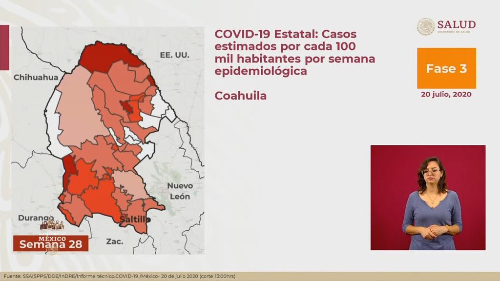 Durante la conferencia diaria sobre la actualización de la pandemia de COVID-19 en México, el director de Epidemiología, José Luis Alomía, señaló que en Coahuila mantiene una tendencia ascendente. (ESPECIAL)