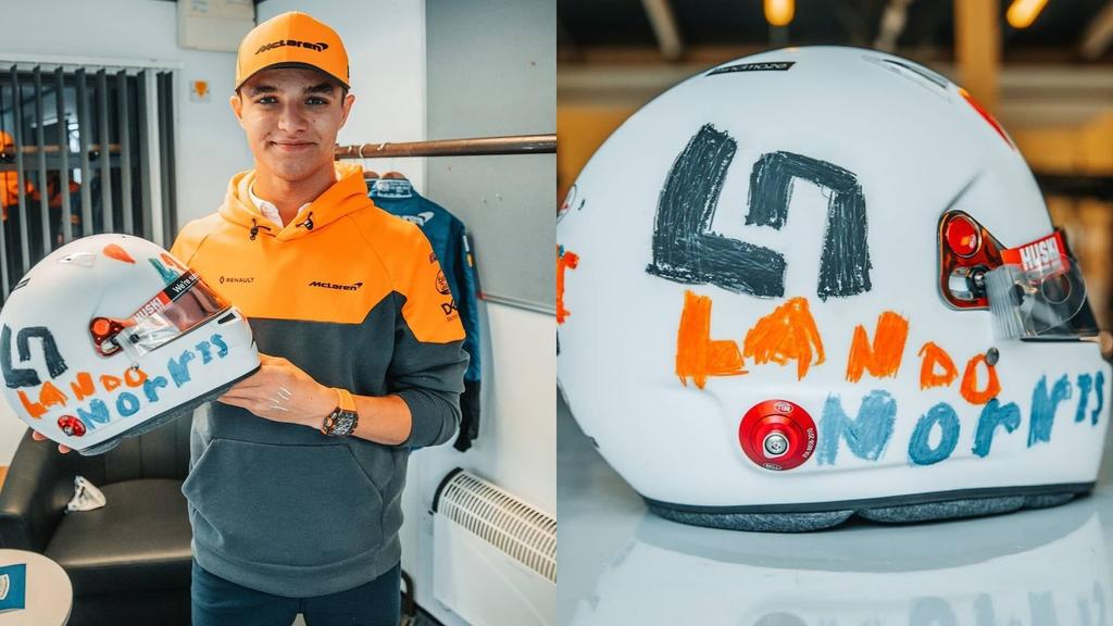 Lando Norris utilizará este fin de semana en el Gran Premio de Gran Bretaña de Fórmula Uno un casco diseñado por Eva, una niña de seis años. (ESPECIAL)