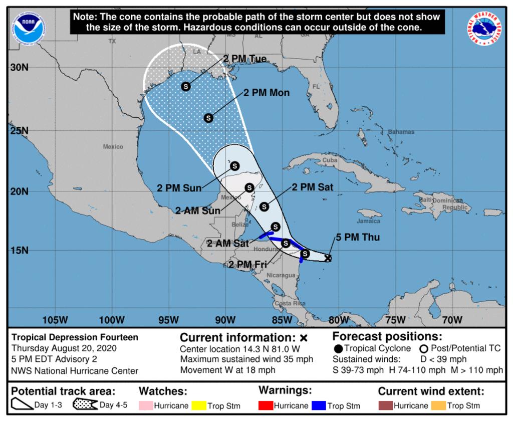  Ante la aproximación de la depresión tropical 14, con probabilidades para evolucionar a tormenta tropical en 48 horas, Quintana Roo emitió este jueves la alerta verde, que significa 'peligro bajo', informó la Coordinación Estatal de Protección Civil (Coeproc). (TWITTER)
