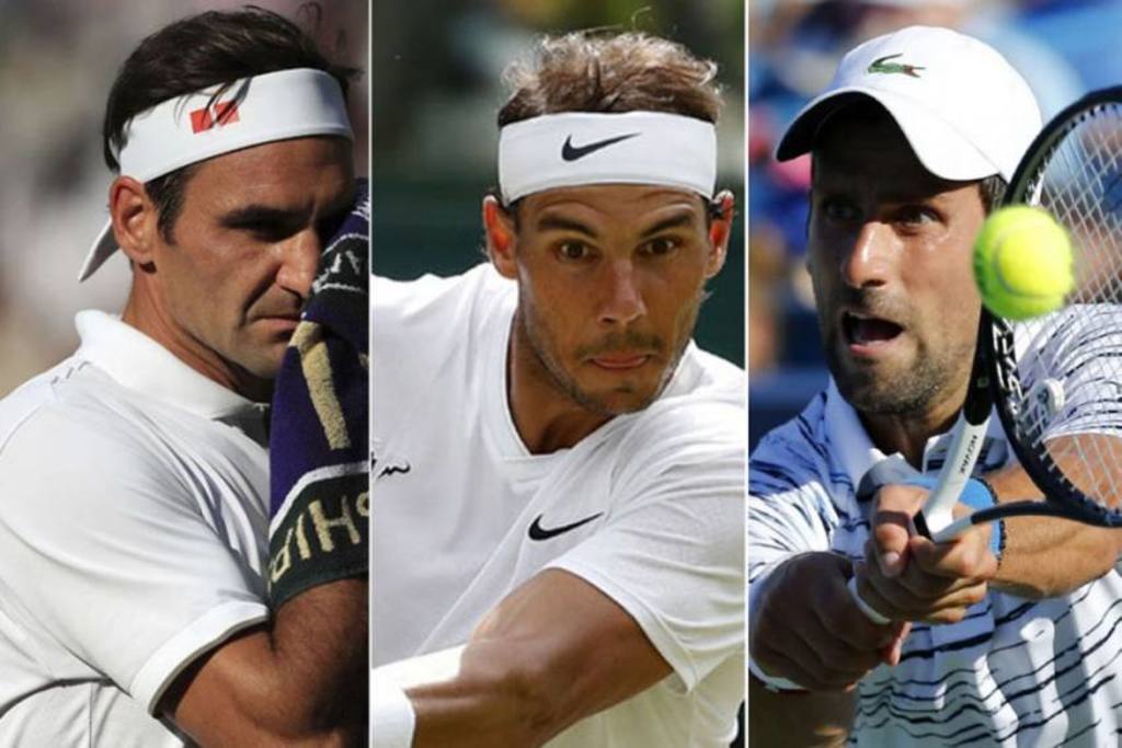Roger Federer (i), Rafael Nadal (c) y Novak Djokovic han tenido impresionantes carreras en la ATP. (ARCHIVO)