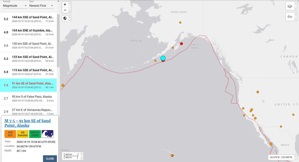 El Servicio Geológico de Estados Unidos (USGS, por sus siglas en inglés) registró un sismo de magnitud 7.5 a las 15:54 horas en el mar a 91 kilómetros de Alaska. (ESPECIAL)
