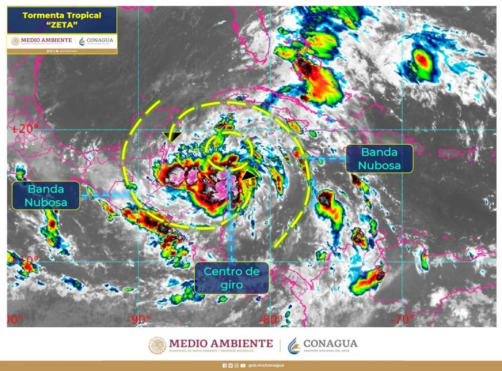 La tormenta tropical Zeta, que se formó en el Caribe y apunta hacia la Península mexicana de Yucatán, podría convertirse en huracán en las próximas horas, aunque se mantiene estacionaria en las aguas cálidas de la cuenca caribeña, casi equidistante entre Cozumel (México) y el occidente cubano. (TWITTER)