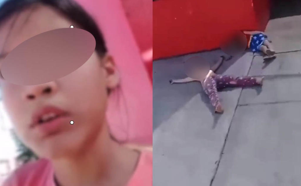 En las imágenes la niña juega a ser una reportera que transmite el hallazgo de dos cuerpos ejecutados en las calles de Sonora (CAPTURA)