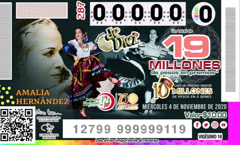 La Lotería Nacional para la Asistencia Pública conmemora el XX aniversario luctuoso de la coreógrafa, bailarina y maestra Amalia Hernández, con el lanzamiento de un cachito de lotería, cuyo sorteo se llevará a cabo el próximo 4 de noviembre. (ESPECIAL) 