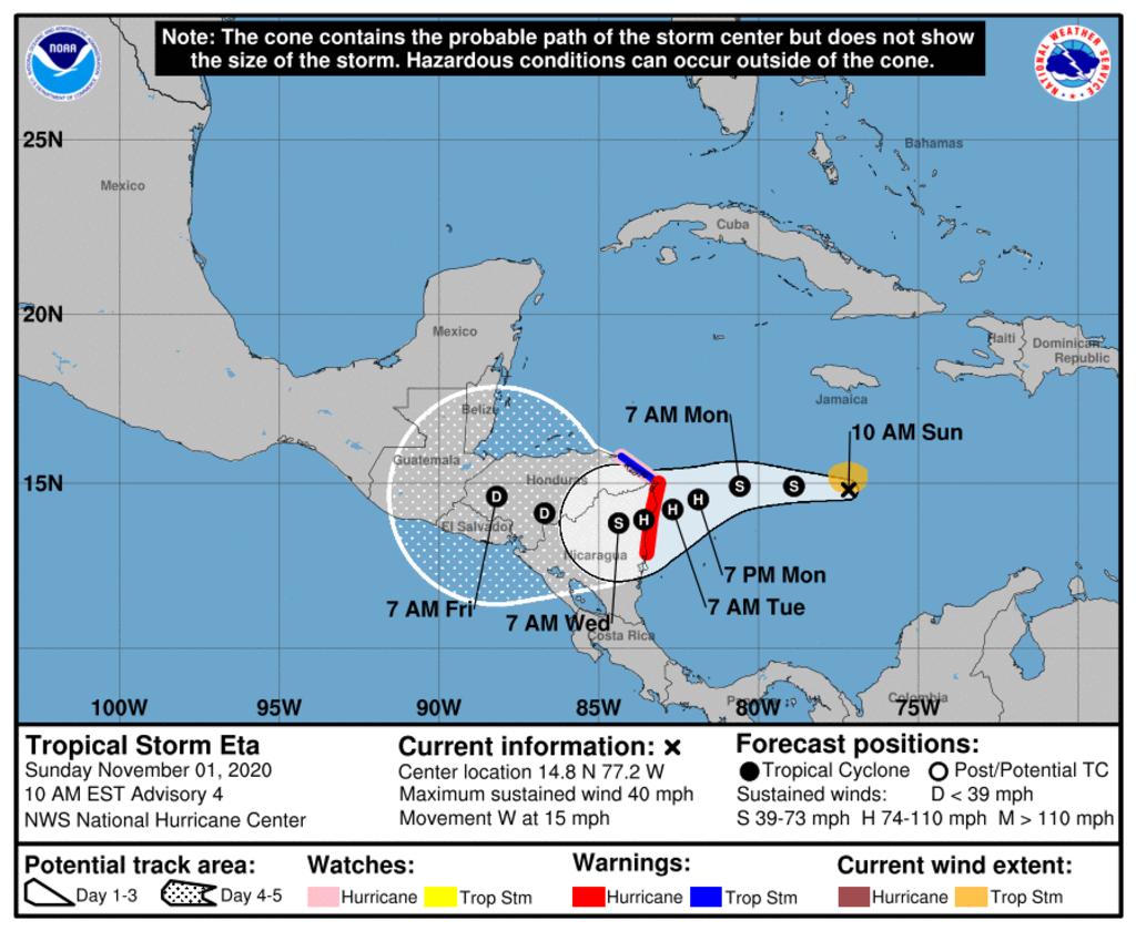 La depresión tropical 29 formada en el Caribe el sábado es ya la tormenta tropical Eta que va a fortalecerse en su avance hacia el oeste y el lunes será huracán antes de estar cerca de las costas de Nicaragua y Honduras. (TWITTER)