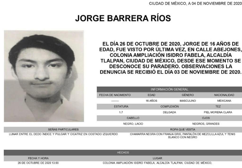 De acuerdo al reporte de desaparición emitido por la Fiscalía General de Justicia, Jorge habría sido visto por última vez durante el día 26 de octubre (ESPECIAL)  