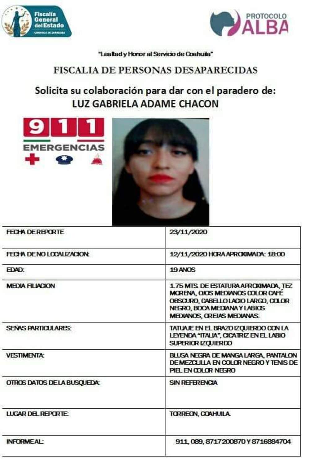 Las autoridades de la fiscalía piden la colaboración de la ciudadanía para localizar a Luz Gabriela, ya que desde el 12 de noviembre no se sabe de su paradero. (EL SIGLO DE TORREÓN)
