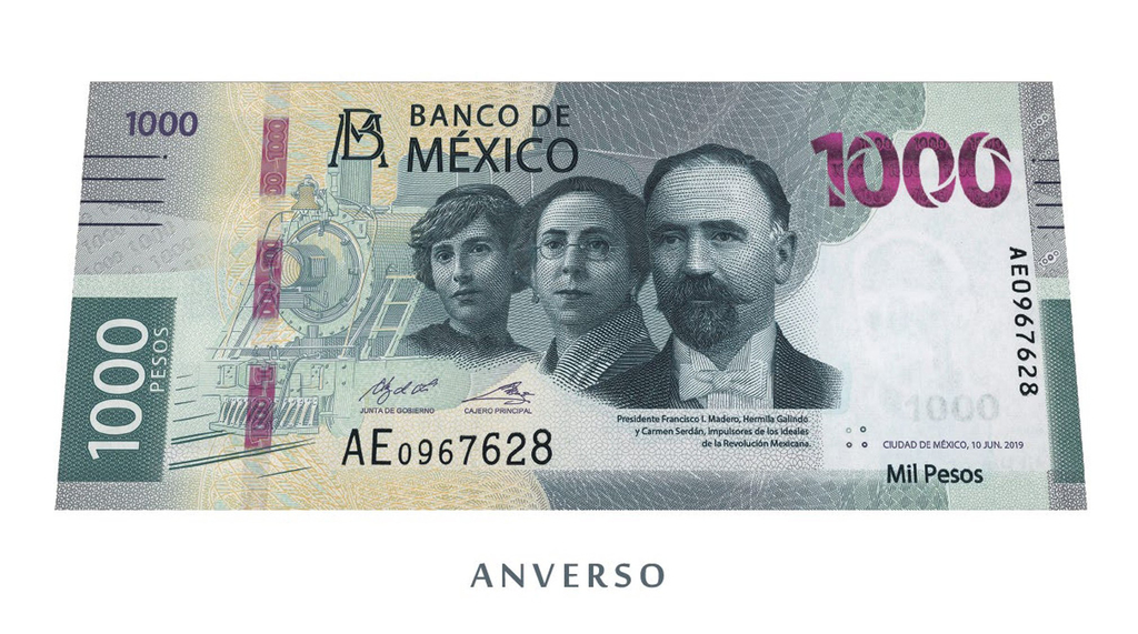 El Banco de México presentó el billete de mil pesos en el que figuran Francisco I. Madero, Hermila Galindo (centro) y Carmen Serdán, acompañados de una locomotora de la Revolución Mexicana.
