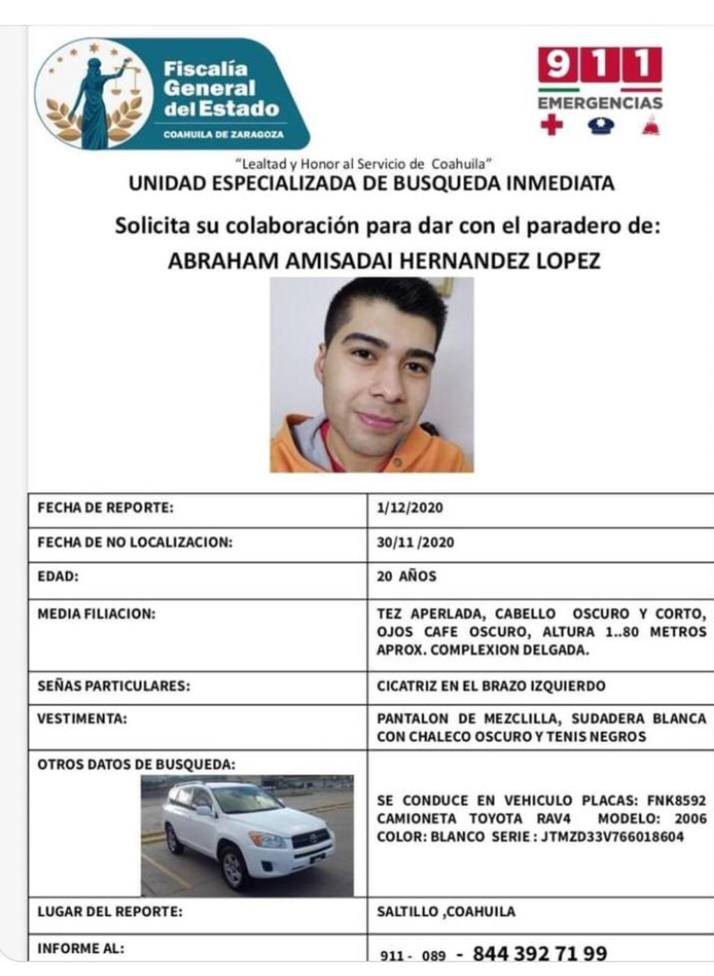Se trata de Abraham Amisadai Hernández López, quien se encuentra desaparecido desde el pasado 30 de noviembre en la entidad.