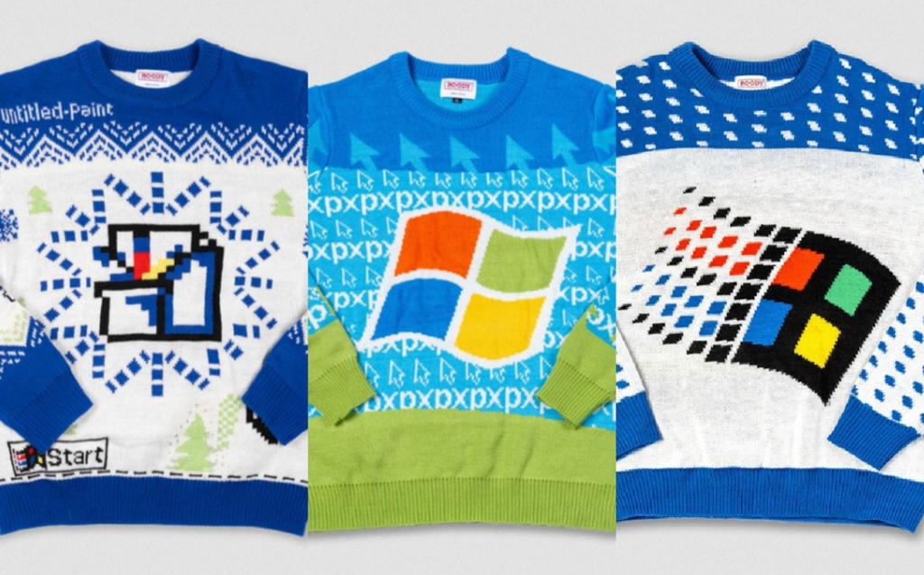 Sus suéteres poseen los logos de Windows XP, Windows 95 y MS Paint (CAPTURA) 