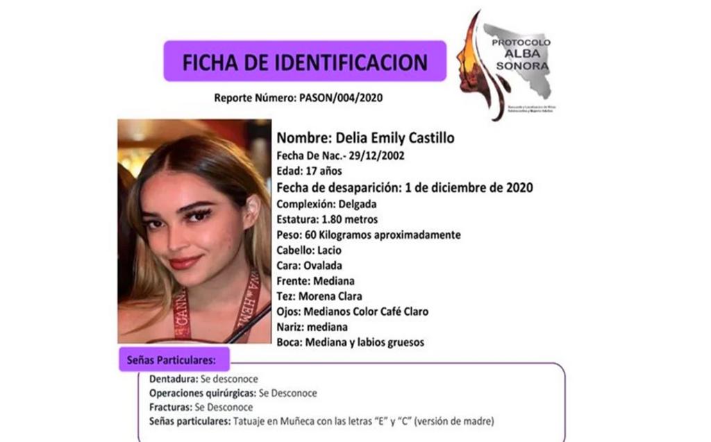 La modelo Delia Emily Castillo, Miss Mundo Teen 2017 y embajadora de belleza en concursos internacionales, desapareció en San Pedro El Saucito, comunidad rural de Hermosillo, cuando su familia bajó a desayunar y ella se quedó arriba del automóvil. (ESPECIAL)