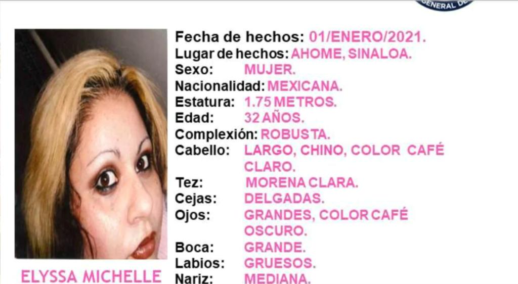 Se mantienen las alertas de búsqueda de dos mujeres reportadas como desaparecidas en las ciudades de Culiacán y los Mochis, en los primeros días del nuevo año, una de ellas, es Elyssa Michelle Martínez, de 32 años de edad, complexión robusta, con una estatura de de un metro 75 centímetros. (ESPECIAL)