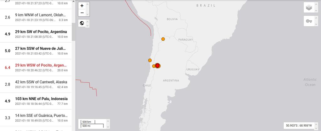 Un sismo de 6.4 grados de magnitud y a ocho kilómetros de profundidad se sintió fuerte en la provincia argentina de San Juan (oeste, frontera con Chile), donde tuvo epicentro, pero también en la vecina Mendoza y en menor medida en otras zonas del país, informaron en la madrugada de este martes fuentes oficiales. (ESPECIAL)