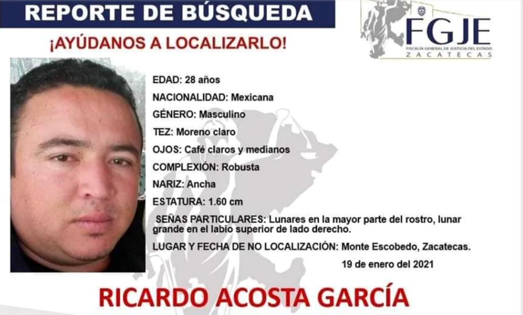 Las autoridades de la Secretaría de Seguridad Pública confirmaron que el jefe policiaco del municipio de Monte Escobedo está desparecido, por ello, tras realizarse la denuncia correspondiente, la Fiscalía de Justicia del Estado de Zacatecas ha emitido un reporte de búsqueda para localizar a Ricardo Acosta García, de 28 años de edad. (ESPECIAL)