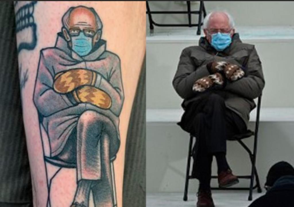 Un artista de tatuajes llevó su amor por 'Bernie Sanders con frío' al siguiente nivel al realizarse un tatuaje del ahora meme en su brazo.(Especial) 