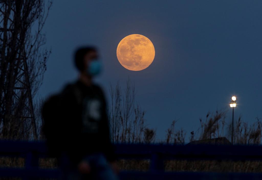 La noche de este jueves se apreció la primer luna llena del 2021, llamada 'Luna de Lobo', misma que se pudo vislumbrar a pesar de la nubosidad. (EFE)