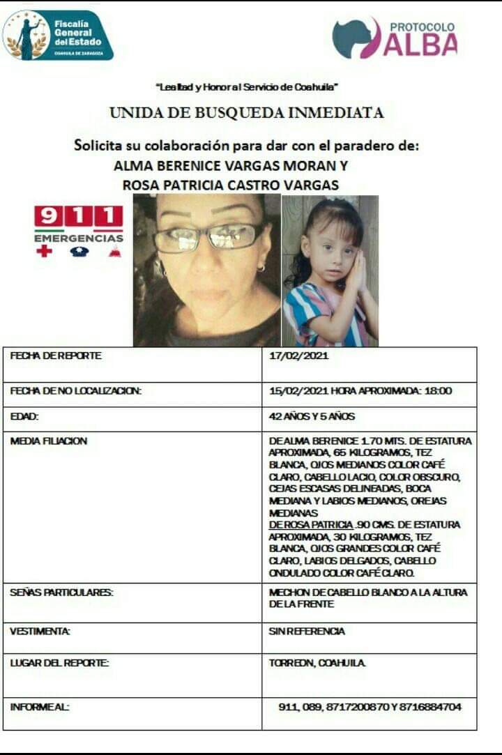 Emiten alerta en Torreón por desaparición de mujer y su hija