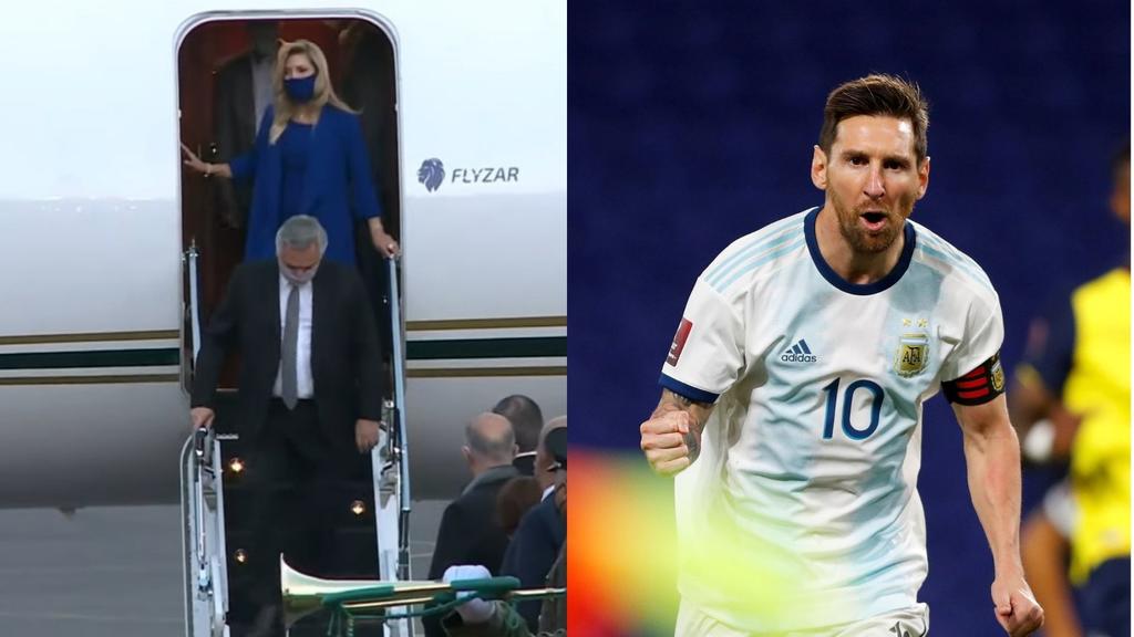 La llegada del mandatario argentino a México, llamó también la atención por el avión en el que viajaba, ya que pertenece al futbolista Lionel Messi. (ESPECIAL)