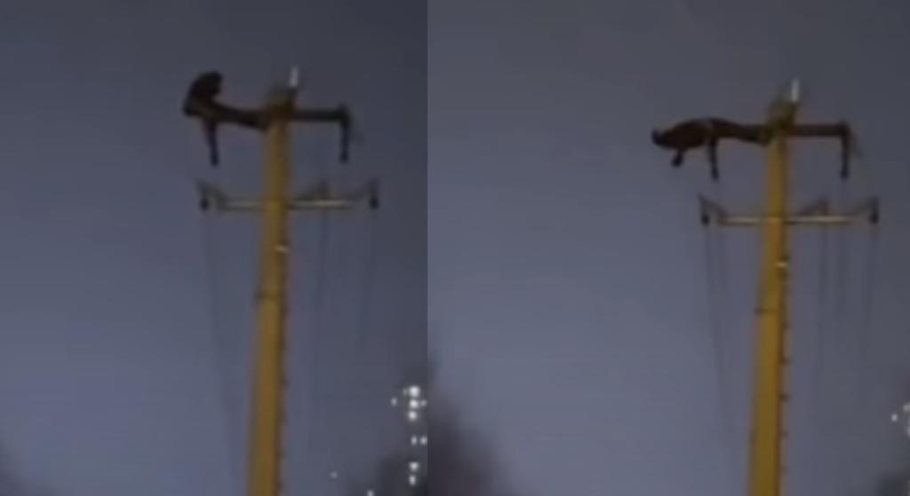 El sujeto fue captado en video ejercitándose en lo alto del poste (CAPTURA) 